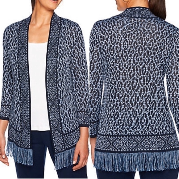 RUBY RD SLATE BLUE LEOPARD FRINGE OPEN CARDIGAN - Picture 1 of 6
